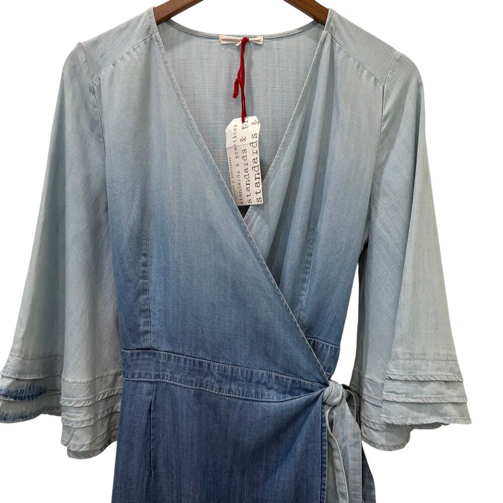 Standards & Practices Chambray Wrap Dress Women’s Size Medium Blue Bell Sleeve - Picture 2 of 15